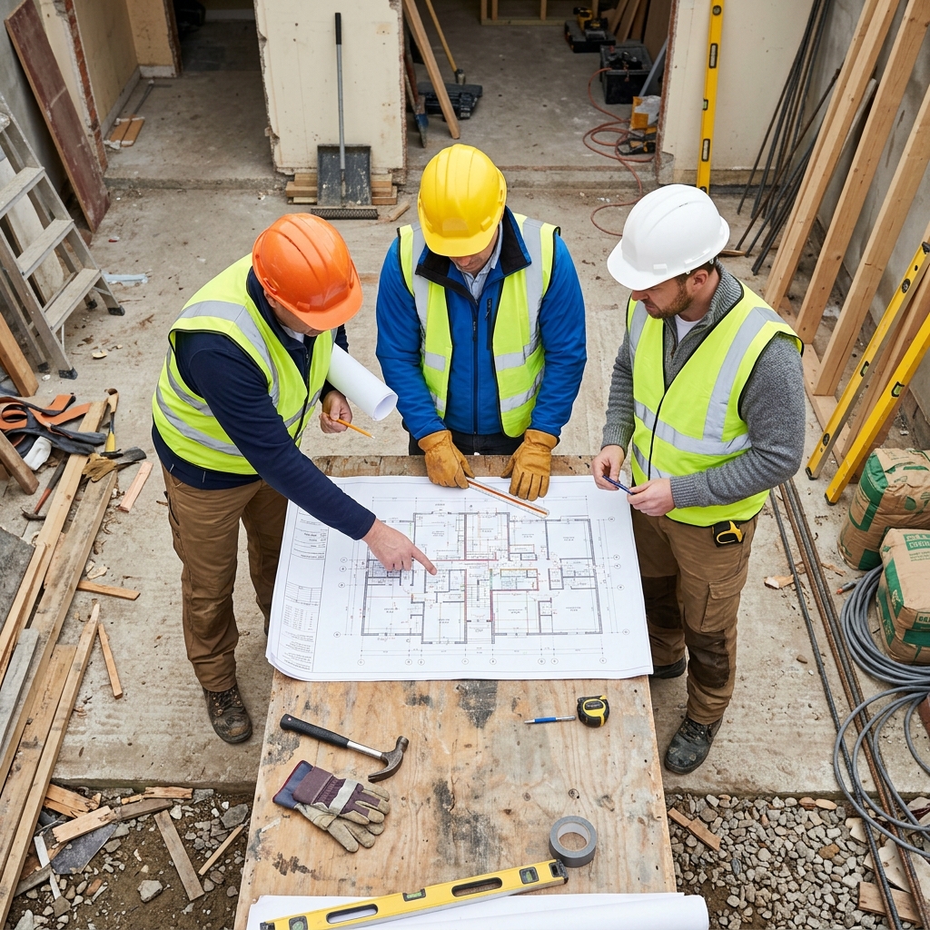 Newel remodeling team reviewing construction blueprints