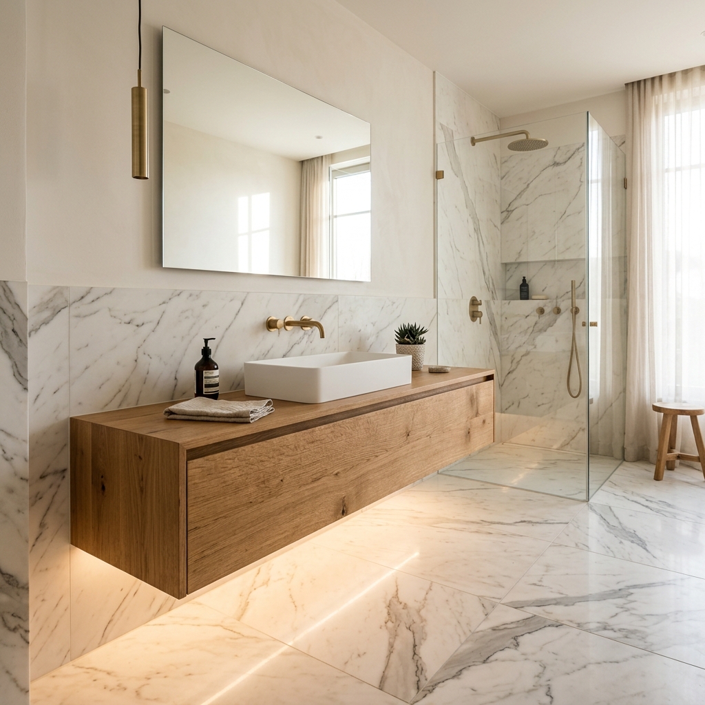 Luxury bathroom remodeling with wood vanity and marble tiles