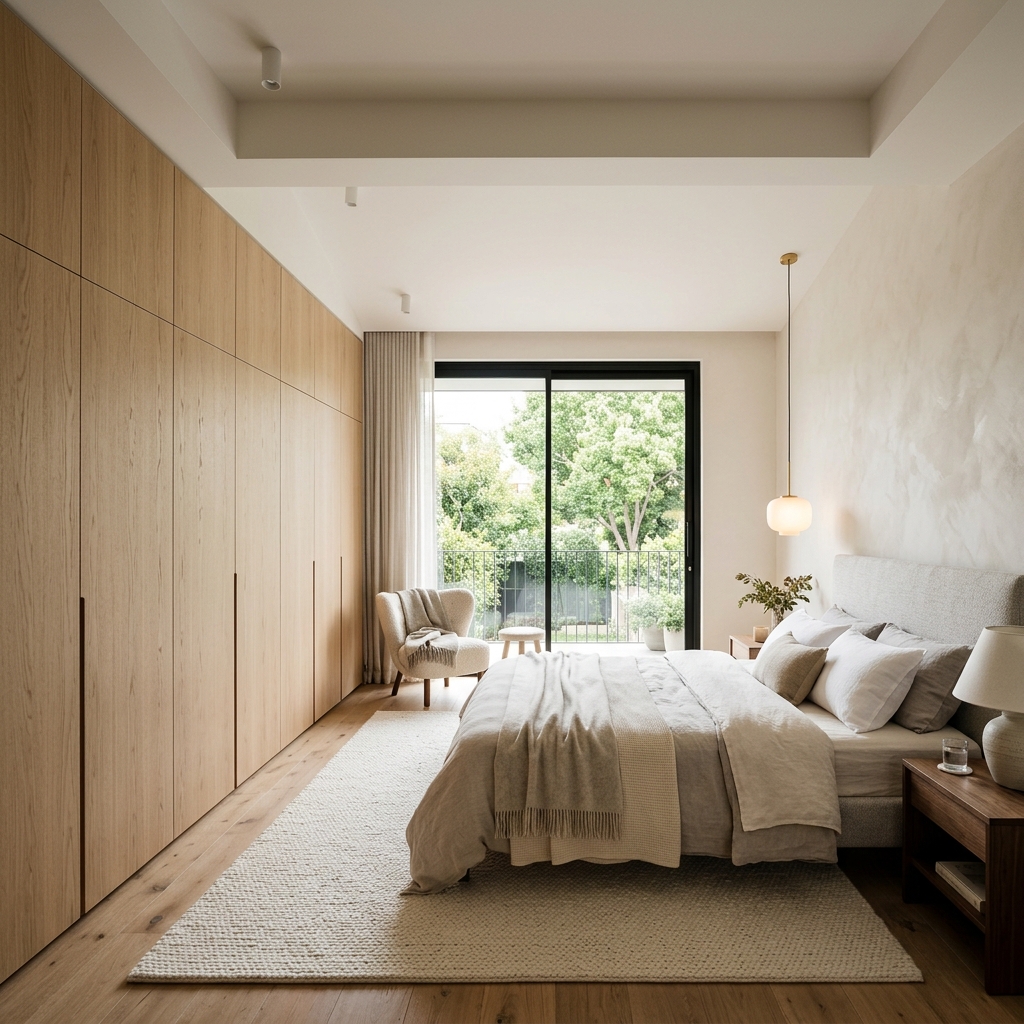 Elegant bedroom renovation with floor-to-ceiling wood wardrobes