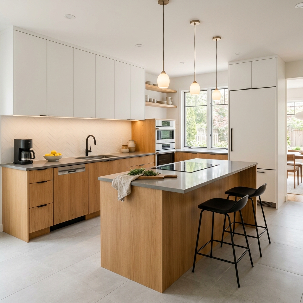 Modern kitchen remodel with white cabinets and wood accents